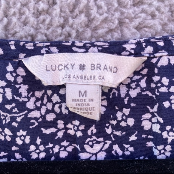 Lucky Brand Blue Ditsy Floral Peasant Keyhole 3/4 Puff Sleeve Blouse Sz M - Picture 6 of 10